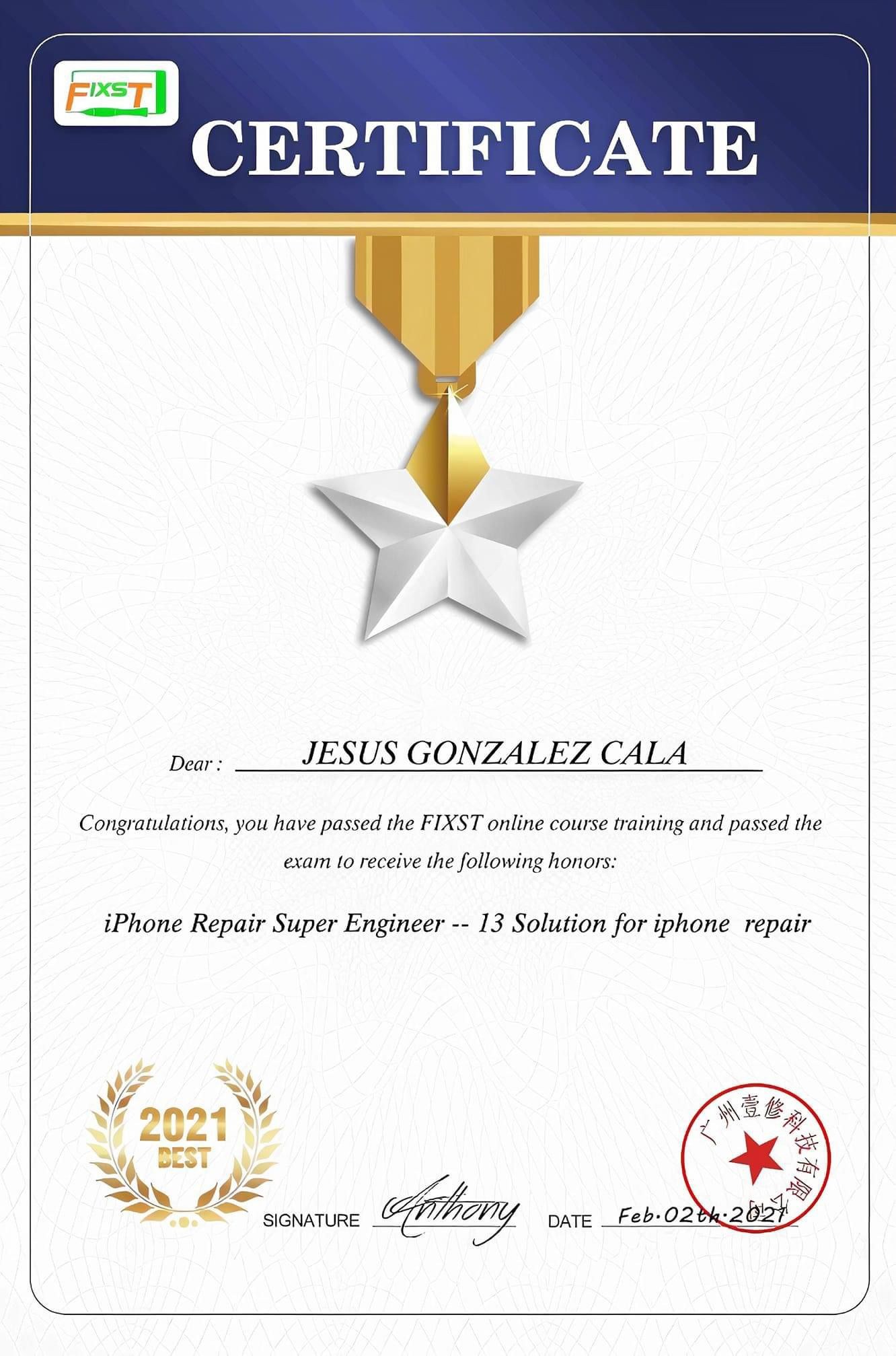 Certificate FIXST iPhone Repair Super Engineer