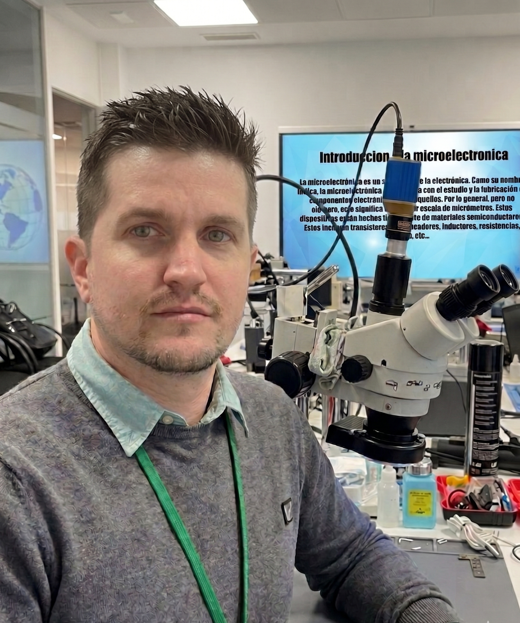 Jesús González Cala en su laboratorio de microelectrónica con microscopio de precisión